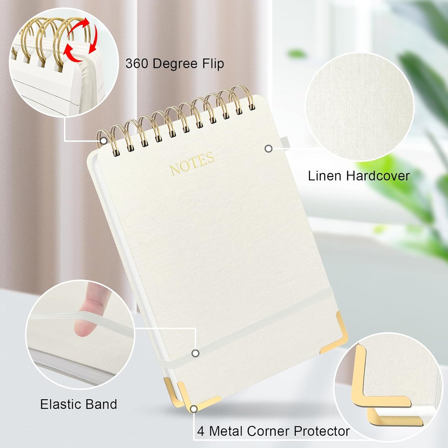 Aesthetic Top Spiral Notebook, A5 Linen Hardcover Top Bound Steno Pads, 240 Pages 100gsm Thick Lined Paper Left Handed Notebook Journal for Work, School, Church Writing - Beige, 5.9" x 8.5"