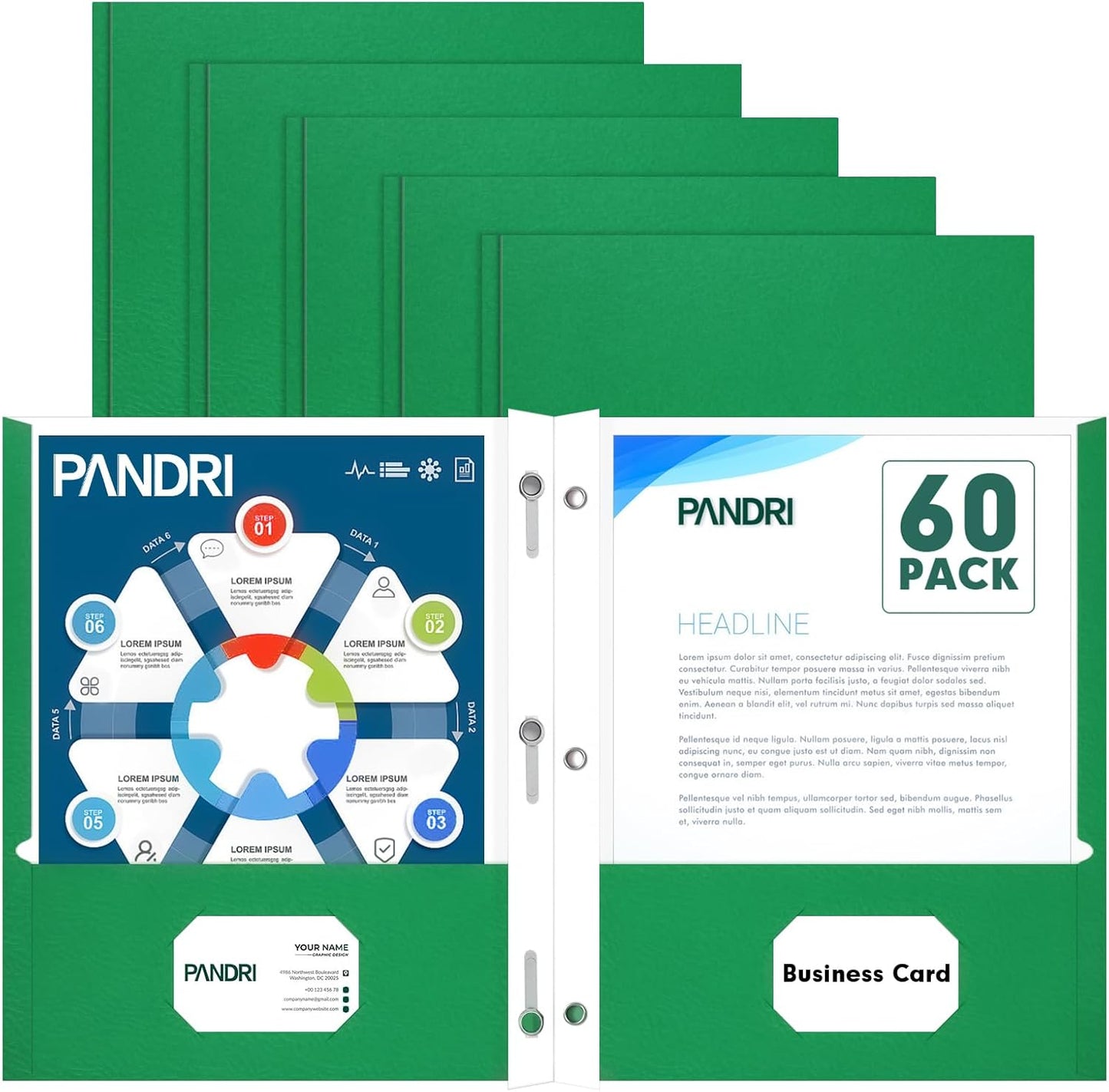 Two Pocket Folders, PANDRI 60 Pack Two Pocket Folders with Prongs, 3 Prong Folders Designed for Office and Classroom, Letter Size Green