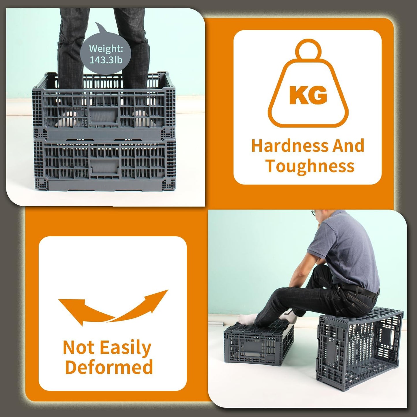 Generic Collapsible Storage Crate, 52 Liter Heavy Duty Plastic Storage Box, Milk Crates Heavy Duty Transit Storage, Gray (2)