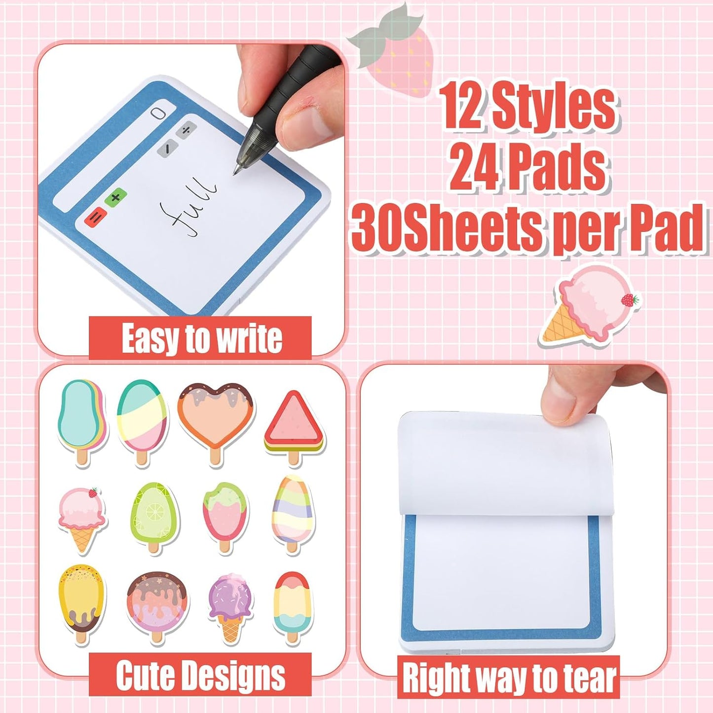 Yinder 24 Pads Cute Sticky Notes Fun Kawaii Animal Sticky Notes Pads Bulk Cartoon Memo Self Adhesive Gift for Christmas Veterinary Office School Tab Party Supplies(Ice Cream)