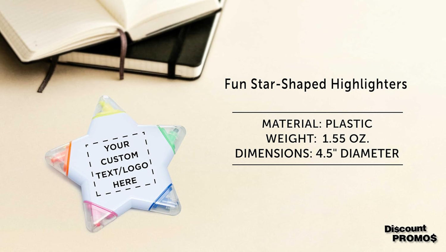 DISCOUNT PROMOS Custom Highlighters Set of 10/50/100, Personalized Bulk Pack Durable Chisel Tip Textbook Highlighters Handy and Easy to Store - Star