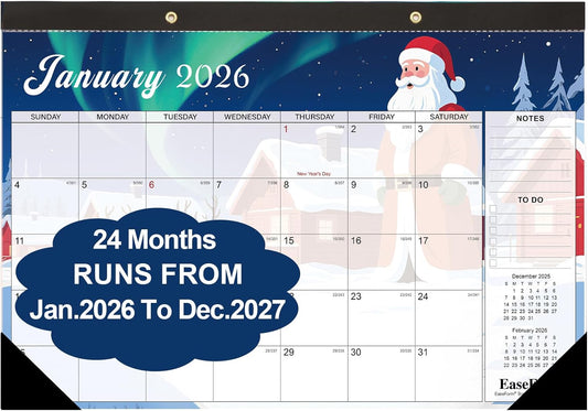 24 Month Desk Calendar 2026-2027, Runs from January 2026 to December 2027, Large 17"x12" Desktop/Wall Monthly Calendar, 2 Year Academic Calendar with Note & To Do for Home, School or office