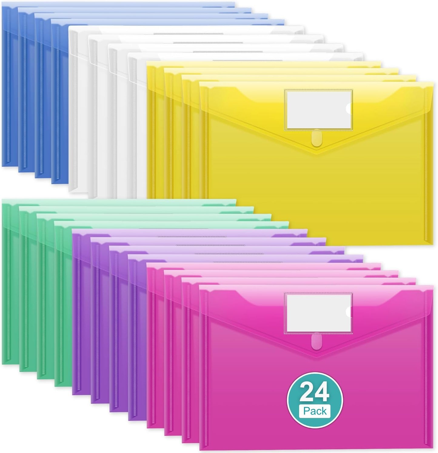 CATIFLIN 24 Pack Plastic Envelopes A4 Letter Size File Folders, Clear Poly Document Holders with Labels, Waterproof Pocket Pouches for School Office Home Organizer Supplies