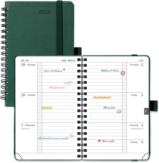 POPRUN 2026 Pocket Planner, (Small Size-4'' x 6.25'') - Daily Weekly and Monthly Calendar Agenda 2026 Appointment Book with Monthly Tabs, Spiral Soft Cover, Inner Pocket, 100 GSM - Army Green