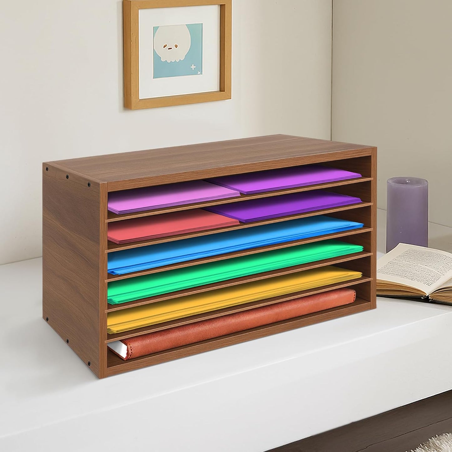 Prolee Construction Paper Organizer 20" x 13.5" x12.2",Soild Wooden Paper Organizer with 6-Tier Letter Trays, Desktop File Papers Sorter for Home, Classroom and Office (Walnut)
