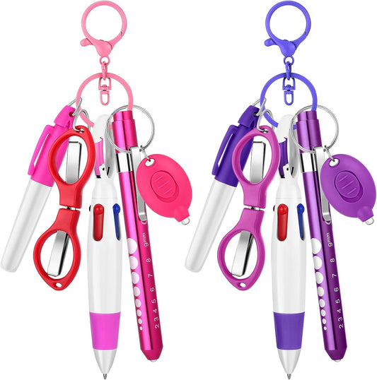 12 pcs Nurse Pen Set Two Colors Pink Purple Include Permanent Marker Pen Pen Lights for Nurses Retractable Ballpoint Pen Nursing Keychain Clip Foldable Scissors LED Flashlight Keychain for Nurses