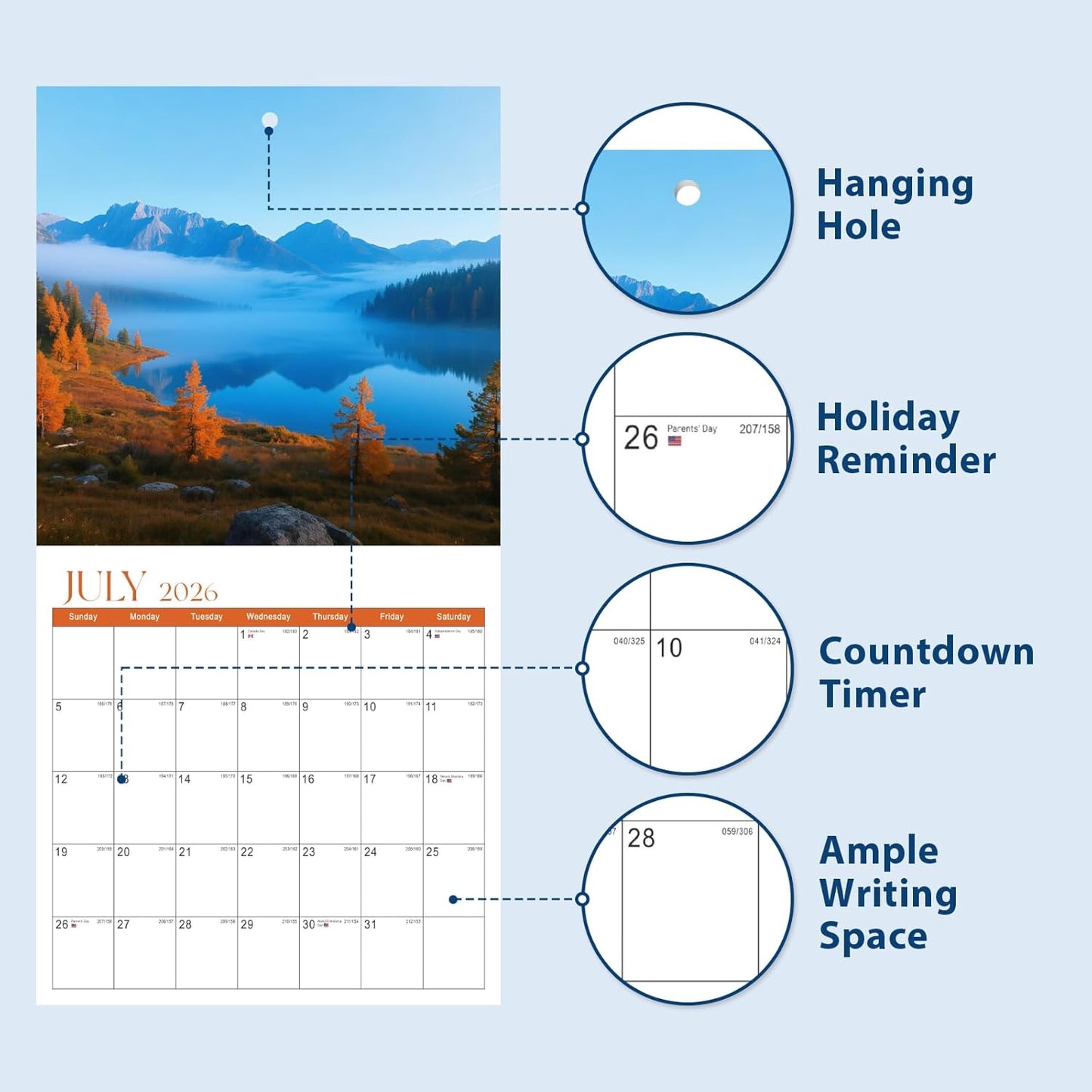 2026 Calendar, 2026 Wall Calendar, Monthly Calendars 12 Month Mountain Lake 12" x 24" Opened, Thick Glossy Paper for Organizing Planning, Ideal for Home Office