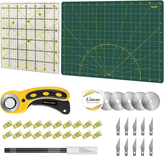39 Pcs Rotary Cutter Set - Quilting Kit incl. 45mm Fabric Cutter, 5 Extra Rotary Blades, A4 Cutting Mat, Craft Knife Set, Quilting Ruler and Sewing Clips, Ideal for Crafting, Sewing, Patchworking