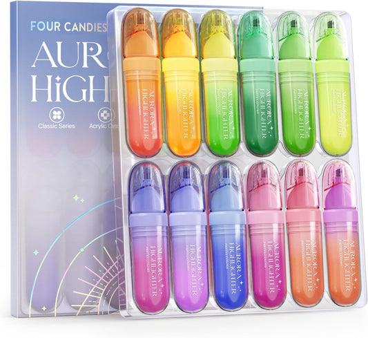 Four Candies 12 Pcs Highlighters Assorted Colors, Cute Pastel Highlighter Set, Dry Quickly, Soft Chisel Tip, No Bleed Bible Highlighter, Aesthetic Highlighters fo Purple Christmas Gifts
