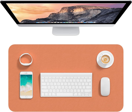 Hsurbtra Desk Pad, 23.6" x 13.8" PU Leather Desk Mat, M Extended Mouse Pad, Waterproof Desktop Blotter Protector, Non-Slip Ultra Thin Small Laptop Keyboard Writing Mat for Office Home, Orange Pink
