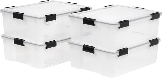IRIS USA 41 Quart WEATHERPRO Plastic Storage Box with Durable Lid and Seal and Secure Latching Buckles, 4 Pack, Weathertight, Keep Pest Dust and Moisture Out, for Oversized Bulky Items, Clear/Black
