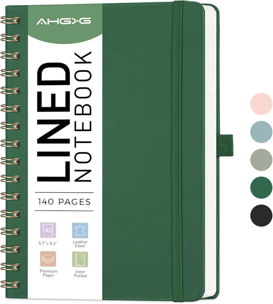 AHGXG Lined Spiral Notebook Journal for Women, 140 Pages Hardcover Leather Notebook College Ruled, A5 5.7" x 8.3", 100 GSM Thick Paper, Notebooks for School Work, Journals for Writing, Green