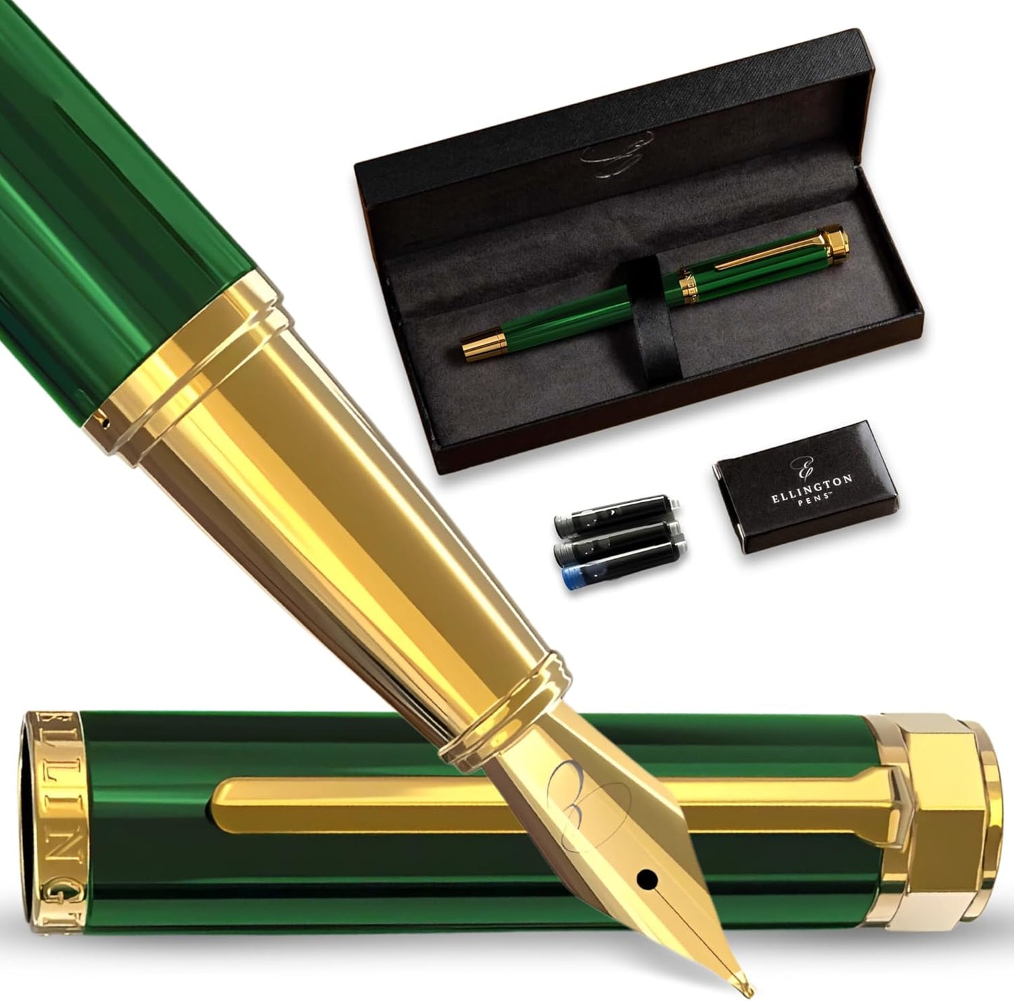 Ellington Pens Luxury Fountain Pen Set - Smooth Medium Nib - Includes 3 Ink Cartridges, Refillable Ink Converter, Box - Fountain Pens For Writing, Calligraphy, Journaling, Sketching (Emerald Enigma)