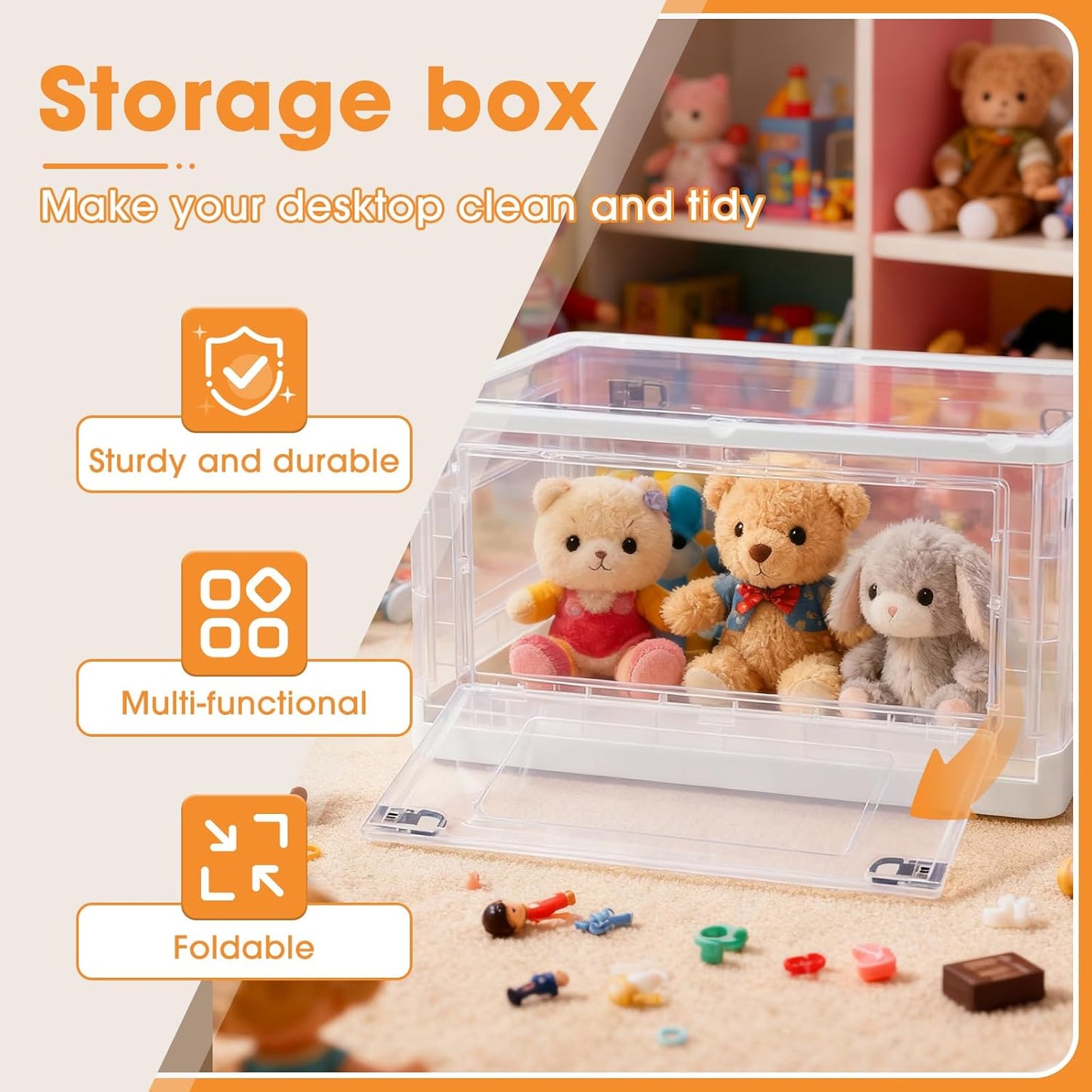 MGWILL 72 Quart Plastic Storage Bins with Lids & Wheels, Stackable Closet Organizers and Storage 5 Doors, Large Collapsible Storage Boxes, Foldable Clear Storage Containers