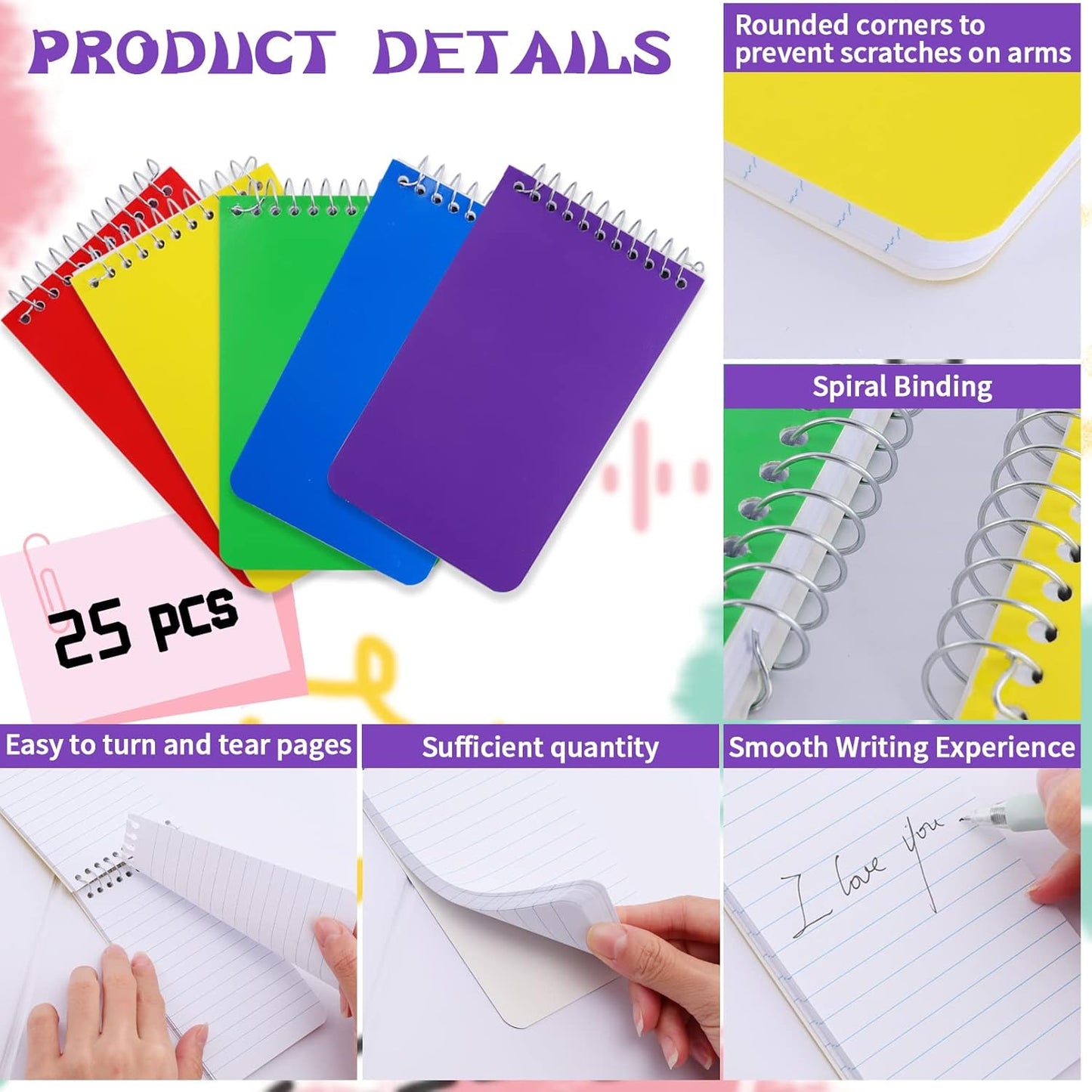 25 Pack Spiral Memo Pads 3x5 Inch,Spiral Memo Books,5 Color Mini Spiral Notepads,Mini Note Pads College Ruled Small Notepad,Top Bound Memo Notepads Pocket Notebook for Home Office School,75 Sheets/Pad