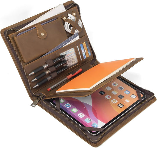 Augus Genuine Leather Portfolio with Zipper for Men/Women, Padfolio Business Resume A4/Pad, Folder Organizer, with Document Pocket, ID Window, Card Slots, Pen Holders (Brown)