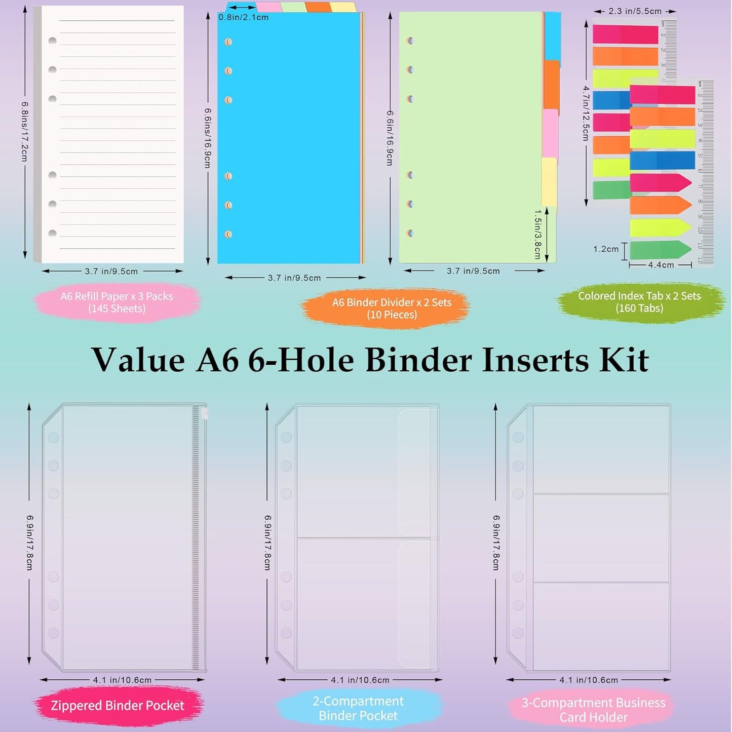 Antner A6 Refill Paper Planner Inserts for A6 6 Ring Notebook Binder, 135 Sheets Lined Filler Paper, 3 Binder Pockets & 10 Dividers & 160PCS Neon Sticky Tabs for Refillable Personal Planners Journals