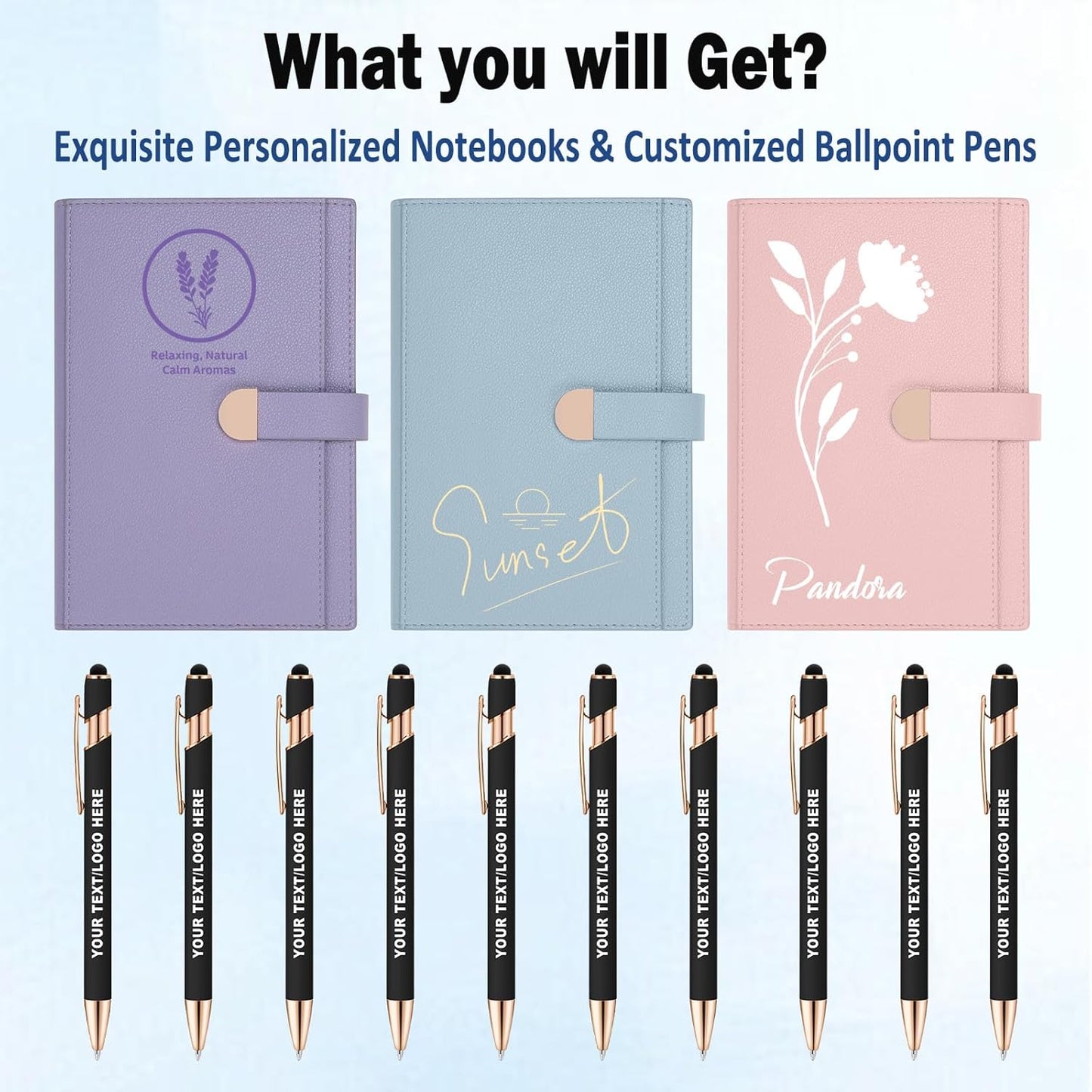 ENOMY Personalized A5 Notebook &10 PC Pens Set Custom Notebook 300 Pages Personalized Journal with Storage Pocket for Writing College Office Business Gift, Brown