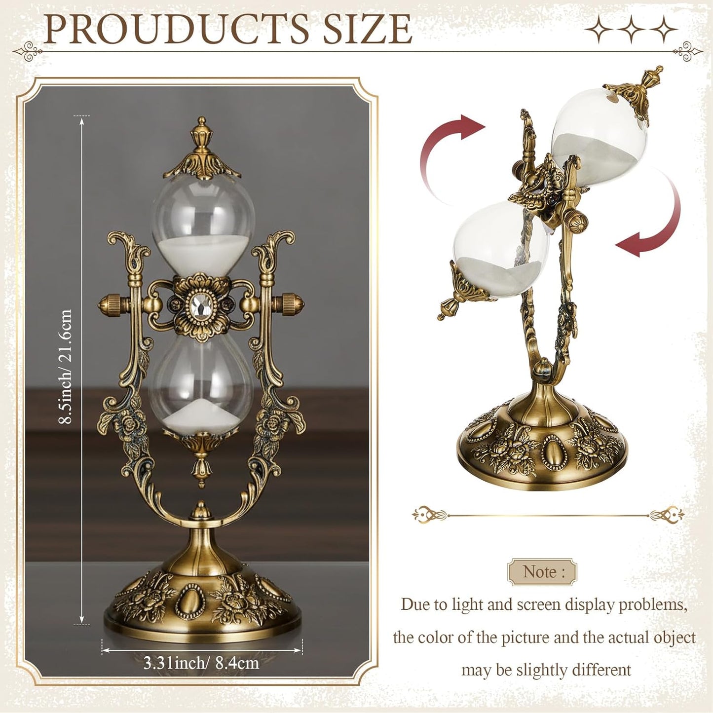 Hourglass Timer, 15 Minutes Embossed Metal Hourglass Vintage Home Decoration with Sand for Home Desk Office Wedding Gifts Kitchen Timer