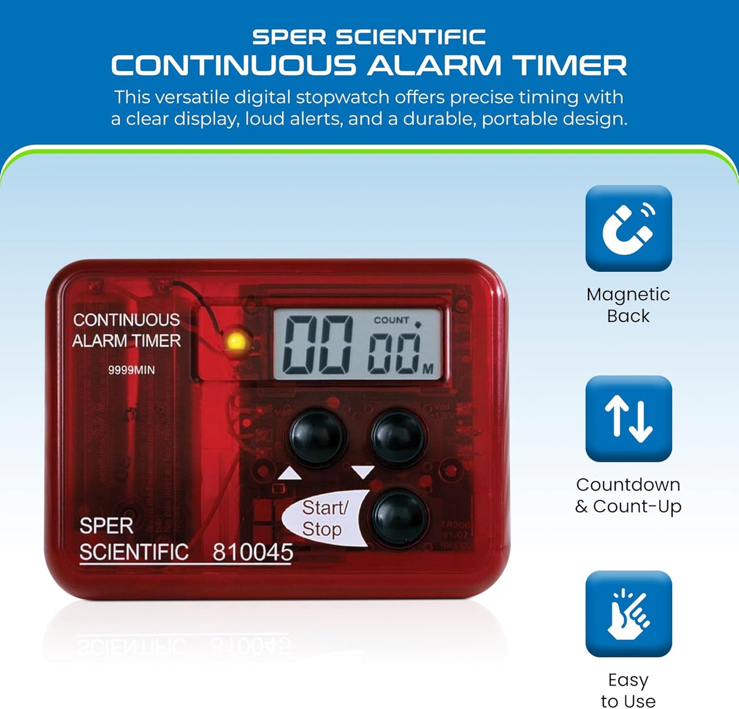 Sper Scientific Continuous Alarm Timer with Count Up Count Down & Visual Indicator 810045 - Bright LED Alarm & 9999-Minute Range - Portable Design for Cooking, Experiments, Fitness & More