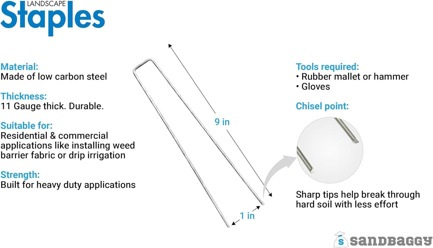 Sandbaggy Landscape Staples 9 Inch Extra Long (11 Gauge) ~ Fabric Pins Garden Lawn Heavy Duty - Fence Anchors - Great for Soft Sandy Soil - Trusted by Farmers & Contractors Across USA (500 Staples)