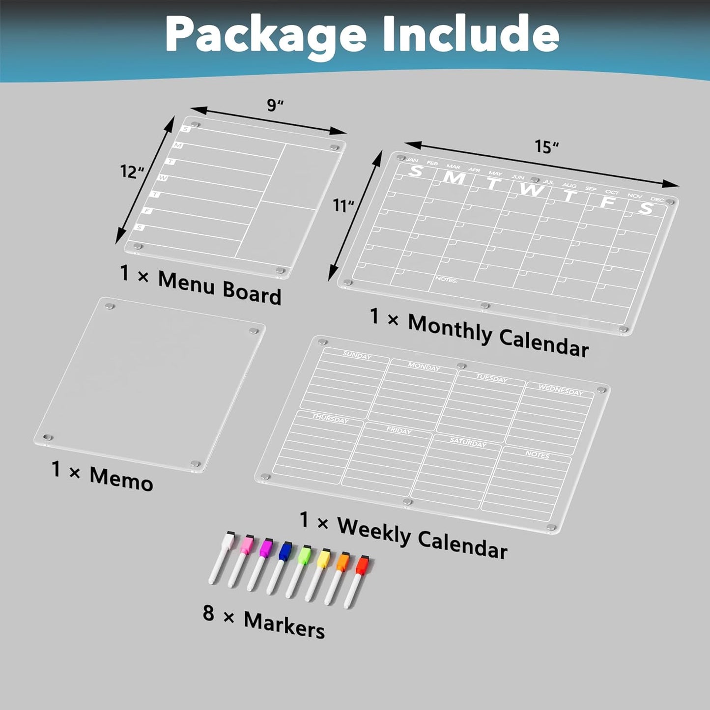 4Pcs Acrylic Magnetic Dry Erase Board Calendar for Fridge, Clear Monthly Weekly Daily Meal Menu Planner Whiteboard for Refrigerator, Notepad Memo White Board, w/ 8 Colors Markers, 15"x11"
