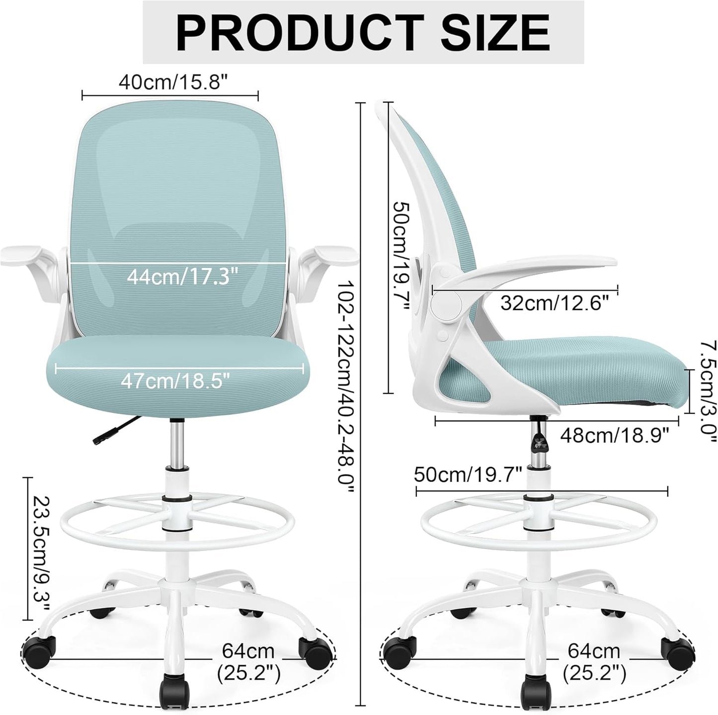 Drafting Chair Tall Office Chair with Flip-up Armrests, Adjustable Height, and Enhanced Lumbar Support - Ergonomic Rolling Stool, Back Support, and Adjustable Foot Rest Ring Light Blue