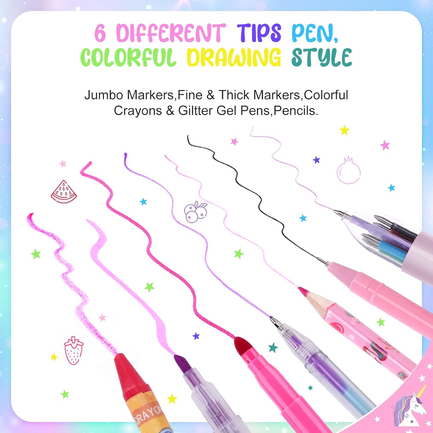 Fruit Scented Markers Set 56Pcs with Glitter Unicorn Pencil Case & Stationery,Art Supplies for Kids Ages 4-6-8, Art Coloring Kits Box,Gifts Toy for Girls Age 5,7,Pencil&Crayon Drawing Stuff