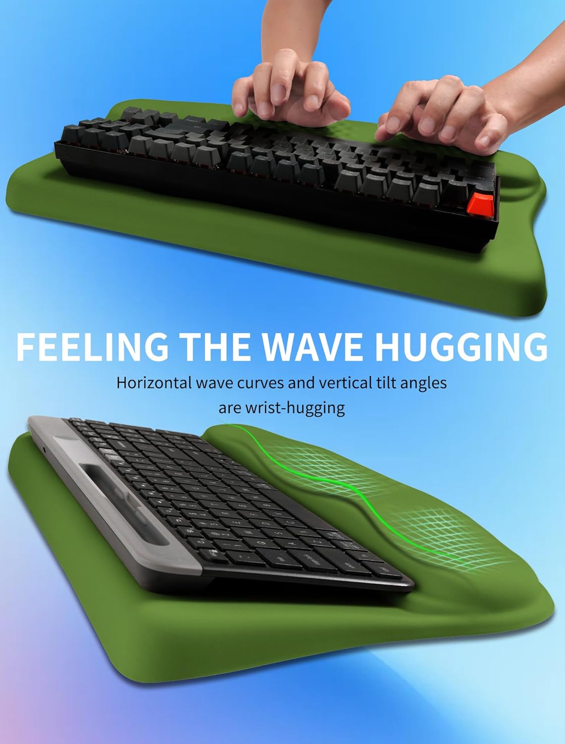 Ergonomic Wave Wrist Rest with Keyboard Stand, Cushioned Palm Rest, Comfortable Integrated Memory Foam for Natural Typing and Relieve Wrist Pain, Fresh Green