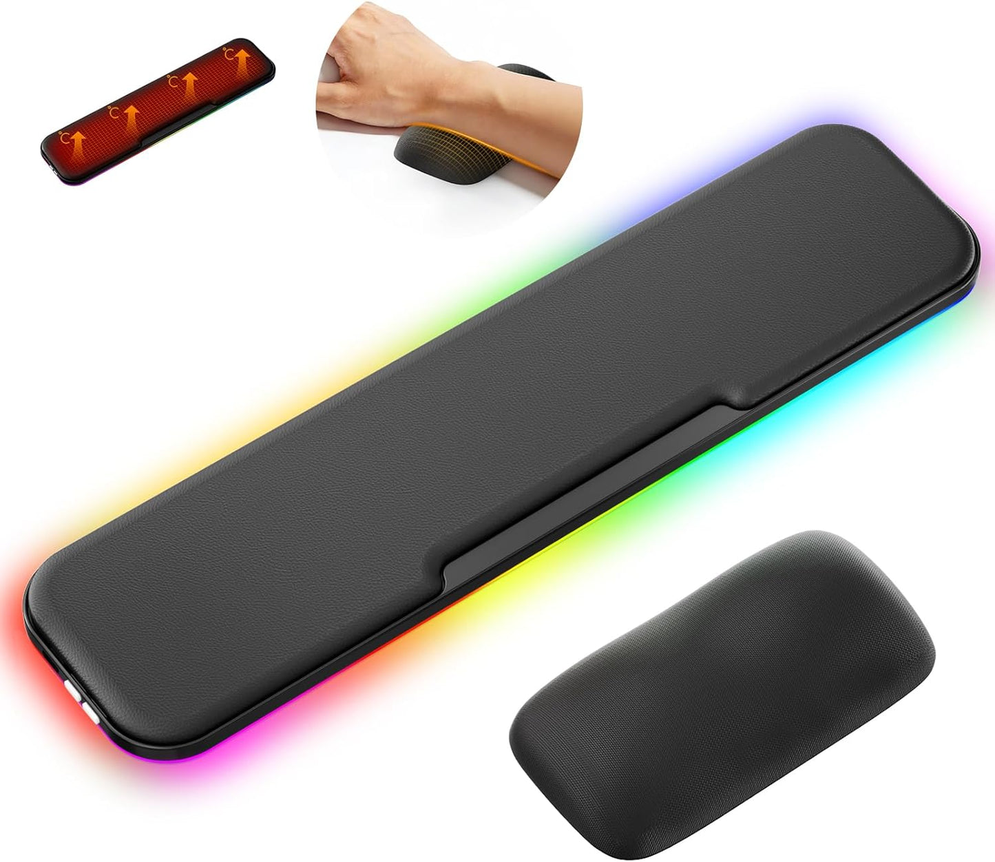 2-in-1 Heated Wrist Rest Set, Ergonomic Memory Wrist Pad with RGB Lights and Non-Slip Base, Keyboard Mouse Wrist Rest for Computer Laptop Office Work and PC Gaming