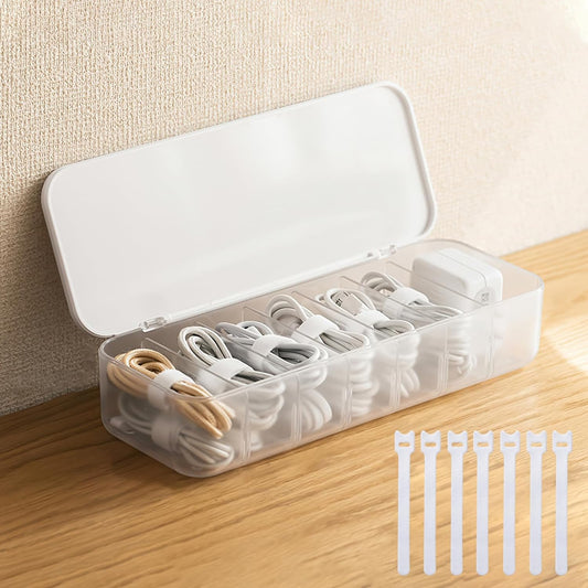 Cable Organizer Storage Box with 7 Wire Ties,Desktop Cable Management Box with Lid,Power Cord Organizer with 7 Compartments for Office,Home,Desk Accessories Storage Stationery Supplies White