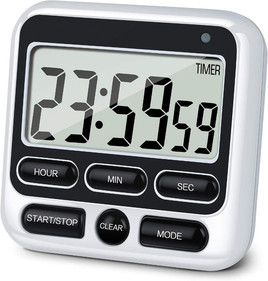 KTKUDY Digital Kitchen Timer with Mute/Loud Alarm Switch ON/Off Switch, 12-Hour Clock & Alarm, Memory Function Count Up & Count Down for Kids Teachers Cooking, Large LCD Display, Strong Magnet (Black)