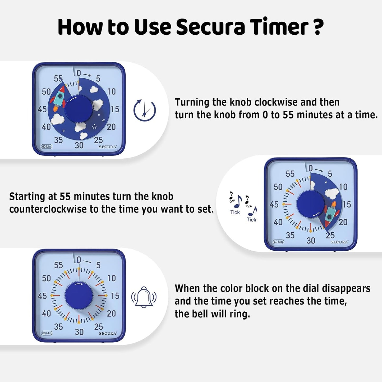 Secura 7.5-Inch Rocket Pattern Visual Timer for Kids, 60-Minute Countdown Timer for Classroom or Kitchen, Durable Mechanical Timer Clock with Magnetic Backing (Blue)