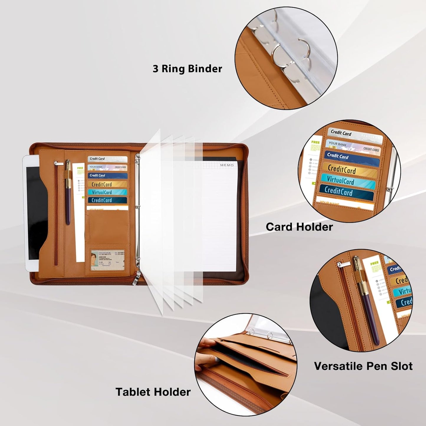 Padfolio Portfolio Folder Binder-Organizer Planner Notebook Zippered Portfolio Padfolio for Women & Men with Document Sleeve,Letter/A4 Size Clipboard,Business Card Holders (Brown-3)