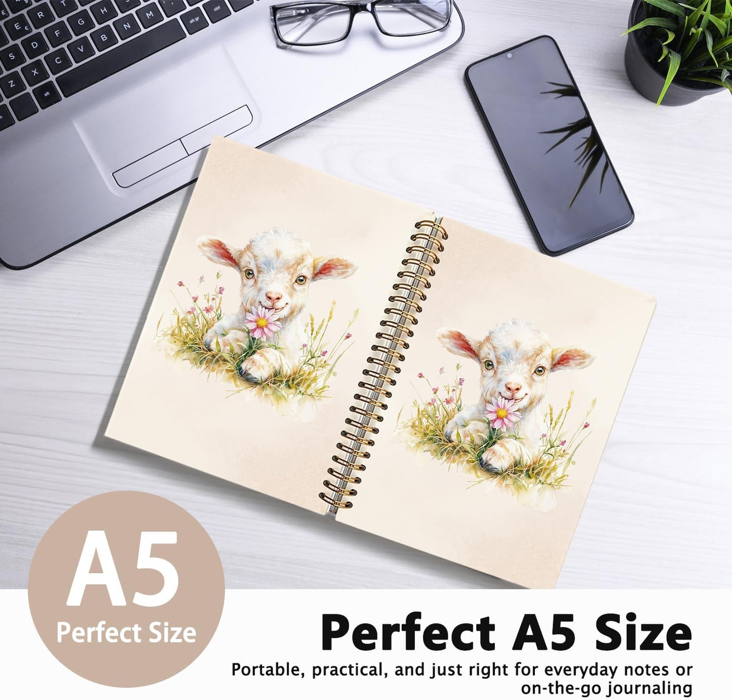 Cute Floral Goat Notebook Journal for Kids, Gifts for Goat Lovers Notebooks for Women, Animal Lover Gifts Journal, Watercolor Cute Farm Animal Hardcover Spiral Notebook 5.5x8.3 Inch