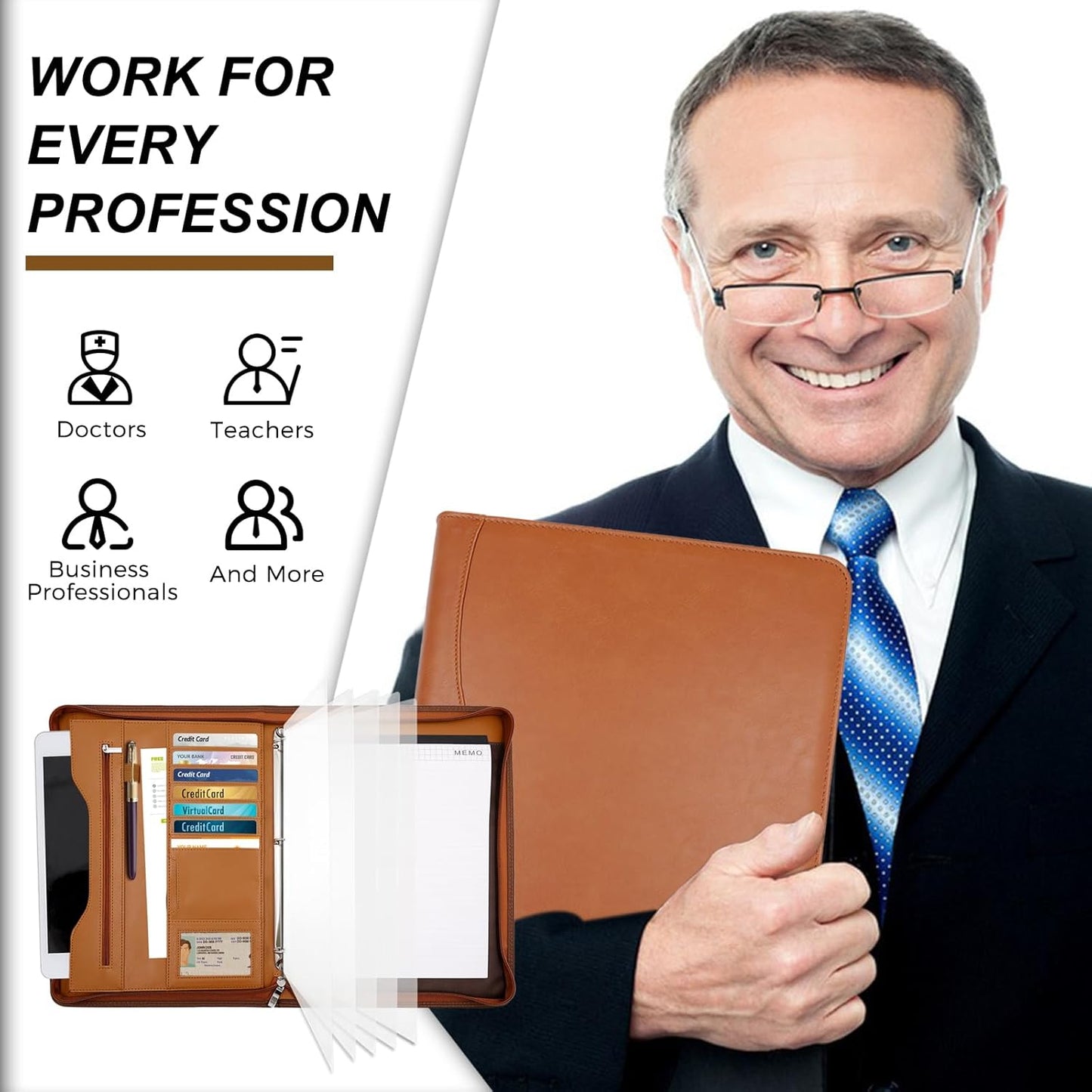 Padfolio Portfolio Folder Binder-Organizer Planner Notebook Zippered Portfolio Padfolio for Women & Men with Document Sleeve,Letter/A4 Size Clipboard,Business Card Holders (Brown-3)