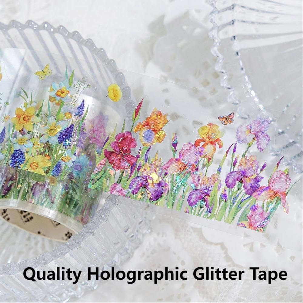 Holographic Garden Plant PET Tape Stickers for Journaling and Scrapbooking, 6 Rolls Precut Flower Branch Vines Decorative Tapes for Junk Journal Supplies, Bujo, Planners, DIY Crafts