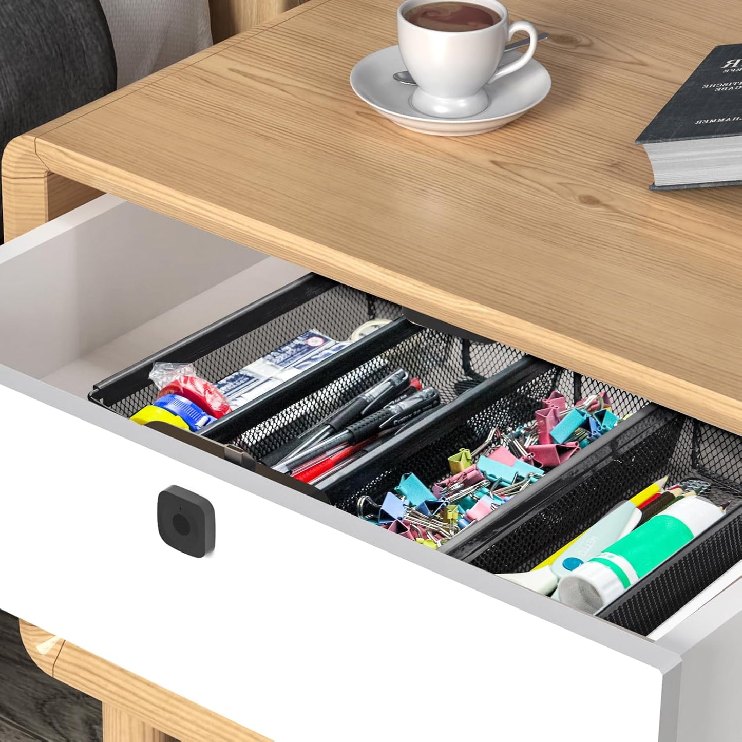 2PCS Drawer Organizer for Kitchen,Utensil Mesh Drawer Organizer with Interlocking Arm for Cosmetic,Flatware,Pen (9 * 3 * 2 Inches,Black)