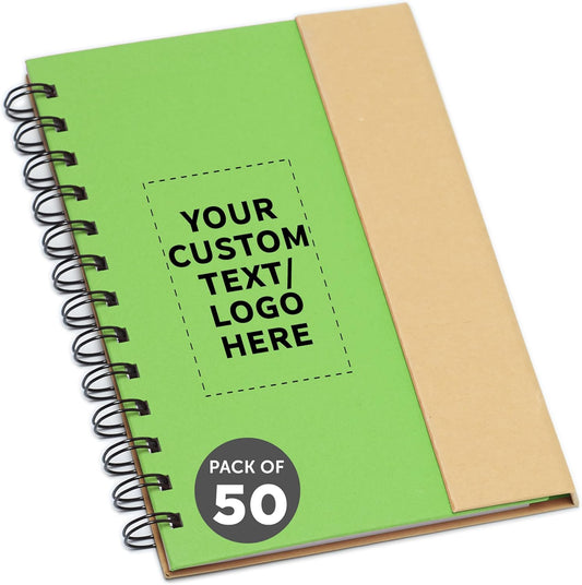 DISCOUNT PROMOS Custom Eco Friendly Spiral Notebooks with Pens Set of 50, Personalized Bulk Pack - Perfect for School, Office, Home - Green