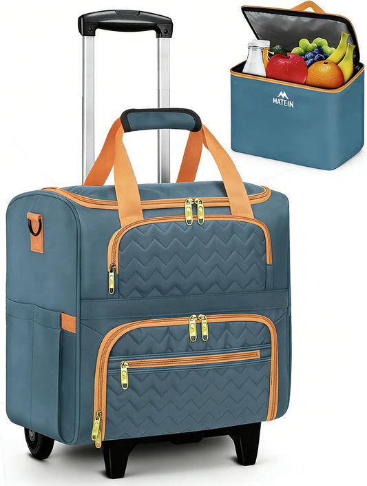 MATEIN Rolling Teacher Tote Bag, 15.6 Inch Rolling Briefcase for Women with Wheels & Detachable Cart, Roller Laptop Bag on Wheels with Insulated Lunch Box for College Business Office, Blue