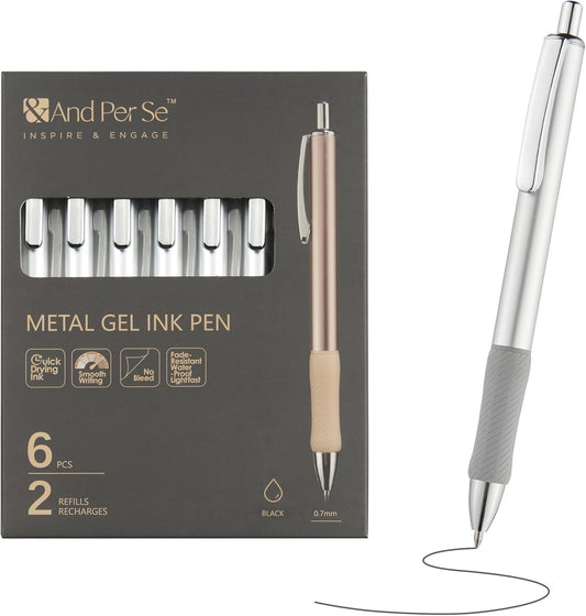 &And Per Se Metal Gel Pens, 6 Pcs 0.7mm Black Ink Pens, Medium Point Smooth Writing Pens, with 2 Extra Refills (Silver Metal Barrel-Set)