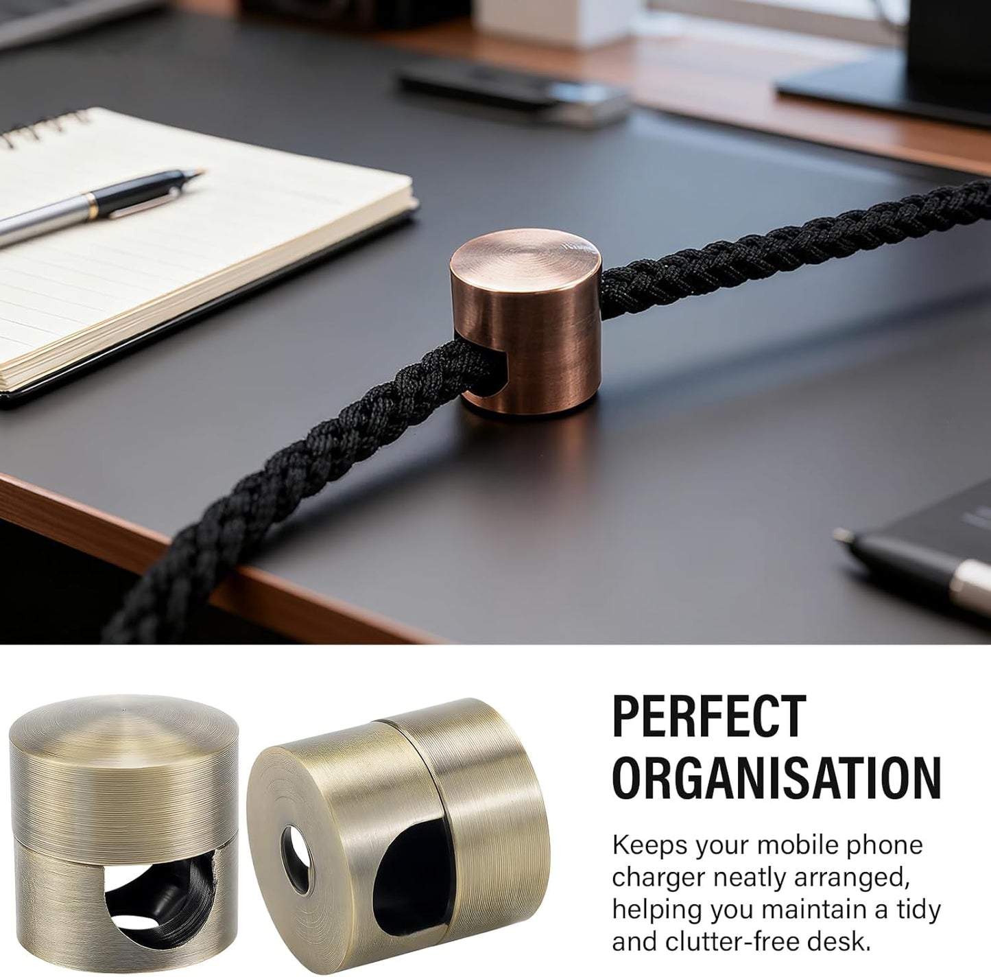 2pcs Adjustable Cable Anchors for Desk, Metal Phone Cord Holders Adhesive Charger Clips for Nightstands, Offices, Homes, and Desktops (Bronze)