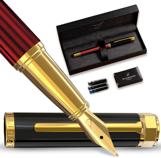 Ellington Pens Luxury Fountain Pen Set - Extra Fine Nib - Includes 3 Ink Cartridges, Refillable Ink Converter, Gift Box-Fountain Pens For Writing, Calligraphy, Journaling, Sketching (Crimson Blend)