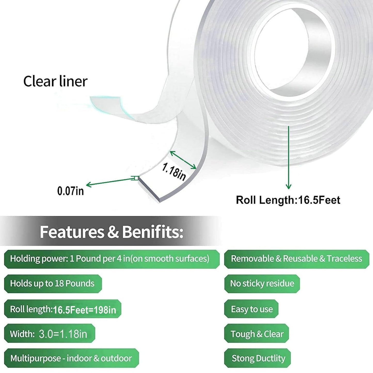 Double Sided Tape Heavy Duty, 16.5FT Nano Double Sided Adhesive Tape, Clear Mounting Tape Picture Hanging Adhesive Strips, Removable Wall Tape Sticky Poster Decor Carpet Tape