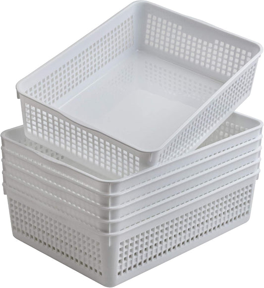 A4 Size Plastic Paper Storage Trays,Desktop File Organizer Baskets,6-Packs (White)