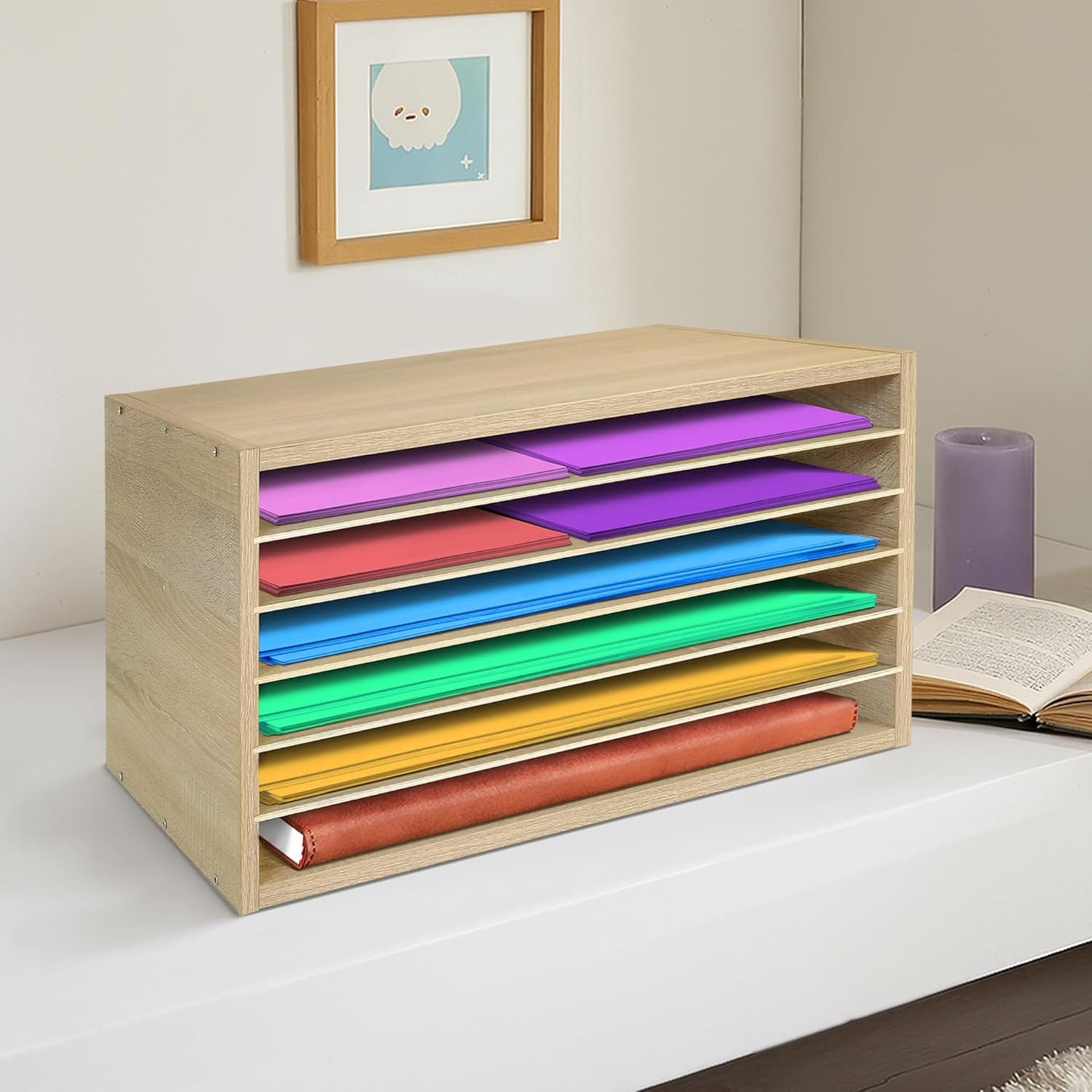 PROLEE Construction Paper Organizer 20" x 13.5" x12.2",Soild Wooden Paper Organizer with 6-Tier Letter Trays, Desktop File Papers Sorter for Home, Classroom and Office (White Oak)