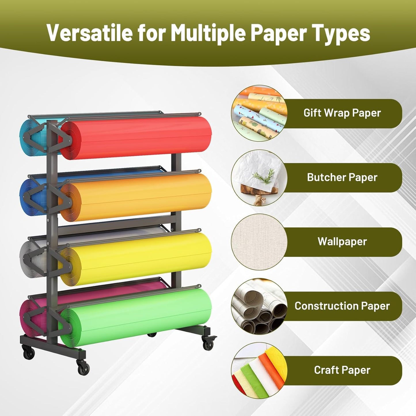 Large Wrapping Paper Roll Dispenser Holder Cutters, Craft & Butcher Rack Dispenser Stand and Cutter, Holds up to 8 Roll 36 Inch W x 9 Inch for Gift Classroom Arts Paper Activity Studio Store