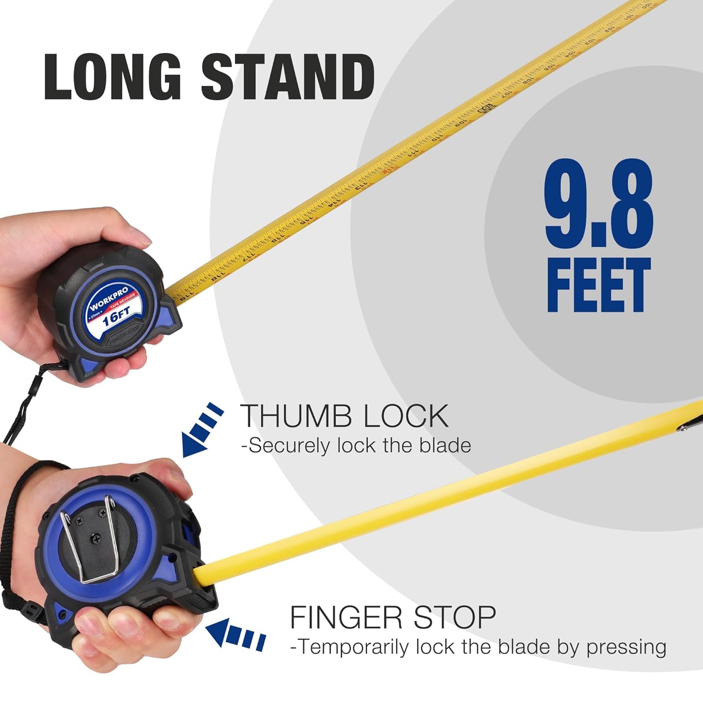 WORKPRO 16FT Tape Measure, 2Pcs Heavy Duty Retractable Tape Measurement, Long Stand Measuring Tape Accuracy 1/32 for Engineer, with Magnetic Hook, Belt Clip, Rubber Protective, Thumb Lock, Finger Stop