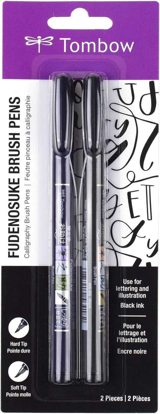 Tombow 62038 Fudenosuke Brush Pen, 2-Pack. Soft and Hard Tip Fudenosuke Brush Pens for Calligraphy and Art Drawings