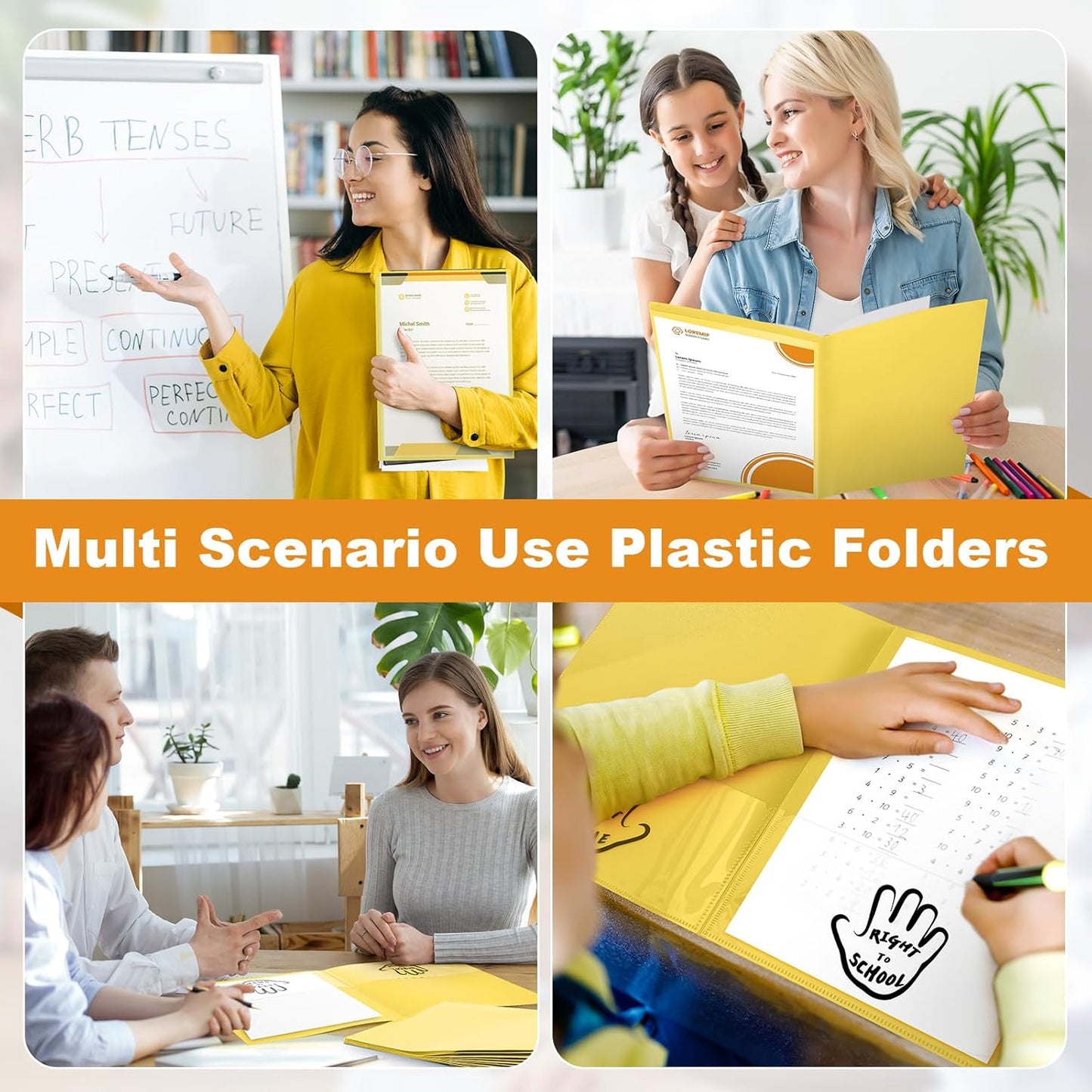 Henoyso 24 Piece Two Pocket Parent Teacher Communication Folder Homework Take Home Folders with Clear Front Pocket Plastic Heavy Duty Fit Letter Size for Home and School 11.8 x 9.45(Yellow)